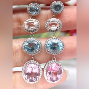 Spectacular earrings with Blue Topaz, Morganite and CZ in Sterling Silver